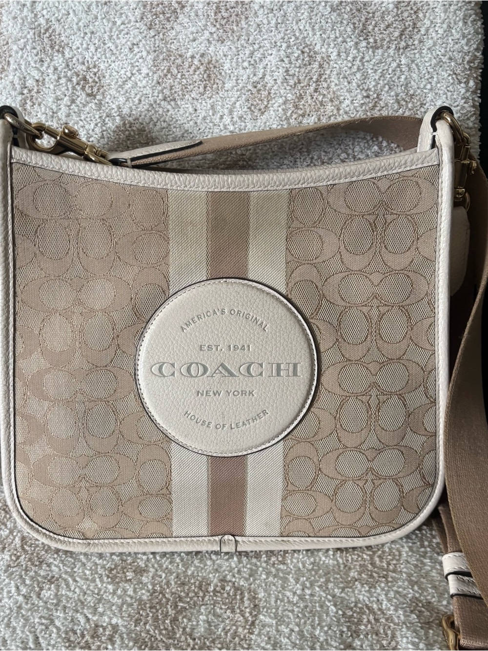 Coach Beige Signature Canvas Crossbody with Stripe Detail